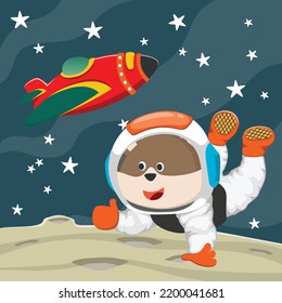 Cute cosmonaut fox in a spacesuit flies in outer space. Vector illustration on the space theme in cartoon style.