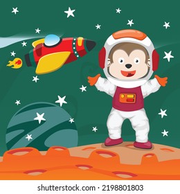 Cute cosmonaut monkey in a spacesuit flies in outer space. Vector illustration on the space theme in cartoon style.