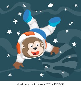 Cute cosmonaut monkey in a spacesuit flies in outer space. Vector illustration on the space theme in cartoon style.