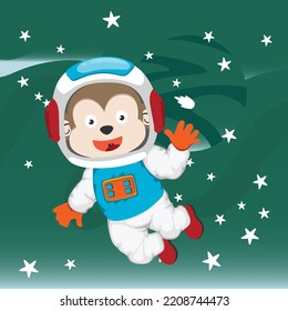 Cute cosmonaut monkey in a spacesuit flies in outer space. Vector illustration on the space theme in cartoon style.