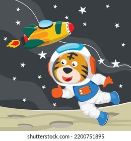 Cute cosmonaut tiger in a spacesuit flies in outer space. Vector illustration on the space theme in cartoon style.
