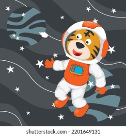 Cute cosmonaut tiger in a spacesuit flies in outer space. Vector illustration on the space theme in cartoon style.