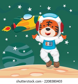 Cute cosmonaut tiger in a spacesuit flies in outer space. Vector illustration on the space theme in cartoon style.
