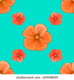Cute cosmos flowers pattern. Watercolor seamless pattern on striped background. Vector floral print on a blue background.