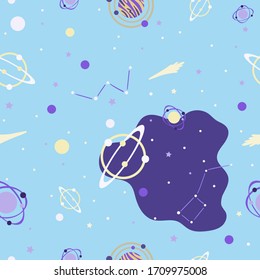 Cute cosmos seamless pattern on light blue background. Space illustration with stars, planets, nebula. Vector for textile, fabric, print.