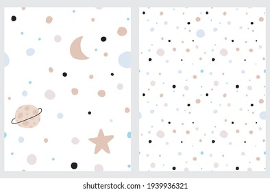 Cute Cosmos Seamless Vector Patterns. Irregular Hand Drawn Galaxy Print for Fabric, Textile, Card. Infantile Style Cosmos with Little Stars, Moon and Platens Isolated on a White Background.