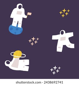 Netter Kosmos, Raum, Universum nahtlose Muster. Lustige Hand gezeichnete Doodle wiederholbare Muster mit Kosmonaut, Raumfahrer, Astronaut, Sterne. Hintergrund des Nachthimmel-Designs