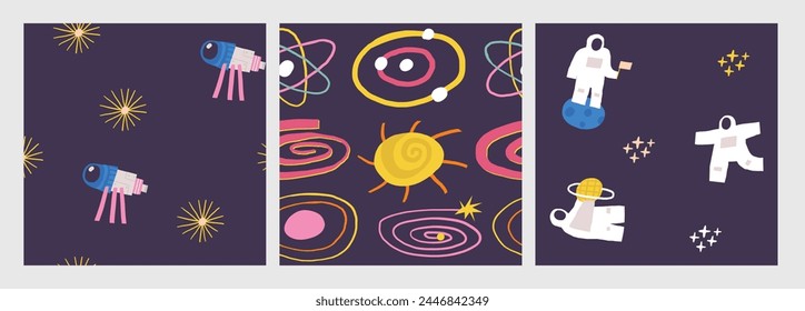 Netter Kosmos, Raum, Universum nahtlose Muster. Lustige Hand gezeichnete Doodle wiederholbare Muster mit Kosmonaut, Astronaut, Galaxie, Milchstraße, Teleskop, Sterne. Hintergrund des Nachthimmel-Designs