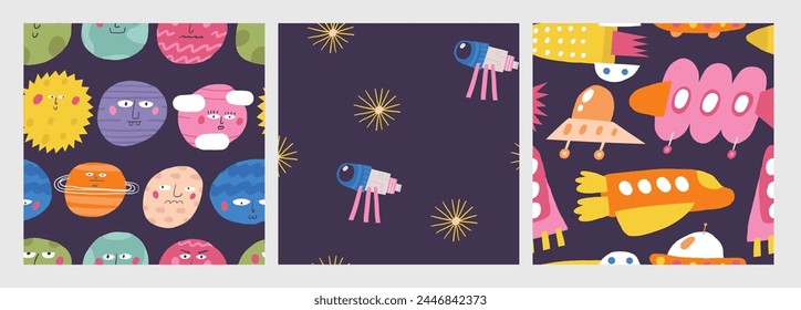Cute cosmos, space, universe seamless pattern. Funny hand drawn doodle repeatable pattern with aircraft, vehicle, spacecraft, telescope, planets characters, stars, mars. Night sky theme background
