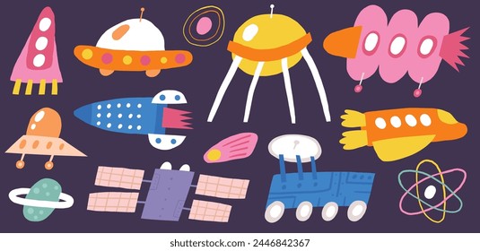 Cute cosmos, space, universe transportation set. Funny hand drawn doodle aircraft, vehicle, spacecraft, galaxy, technology, spaceship, ufo. Night sky theme background