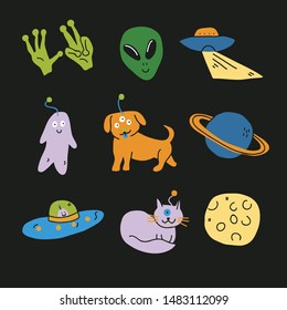 Cute cosmos stickers set concept. Set on a space theme with aliens, animals, spaceships, planets - moon, saturn, ufo, stars, monsters. Vector illustration isolated on black background. - Vector