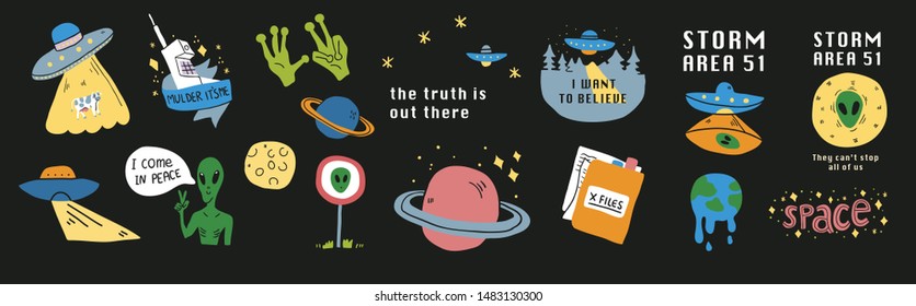 Cute cosmos stickers set concept. Set on a space theme with aliens, ufo, area 51 sign, planets - moon, saturn, stars, xfiles. Vector illustration isolated on black background. - Vector