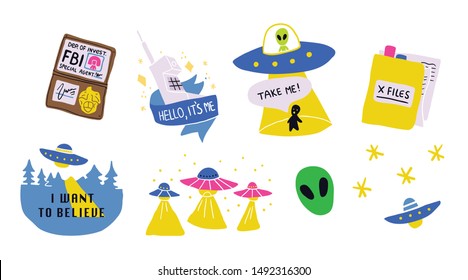 Cute cosmos stickers set concept. Set on a space theme with aliens, ufo, area 51 sign, planets - moon, saturn, stars, x files. Vector illustration isolated on black background. - Vector