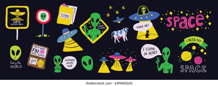 Cute cosmos stickers conjunto concepto. Emplazado en un tema espacial con extraterrestres, ufo, el signo del área 51, planetas - luna, saturn, estrellas, x archivos, necesito mi espacio. Ilustración del vector aislada en fondo negro -Vector