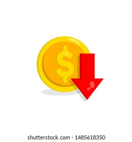 Cute Cost reduction icon. Dollar Down. cartoon style.colorful icon.isolated on white background.