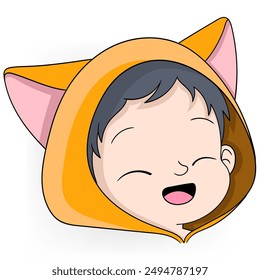 cute costume cartoon illustration for kids, baby head wearing cat costume