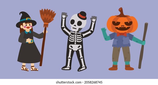 Diseño de personajes con disfraces para el Festival de Halloween, vector, ilustración