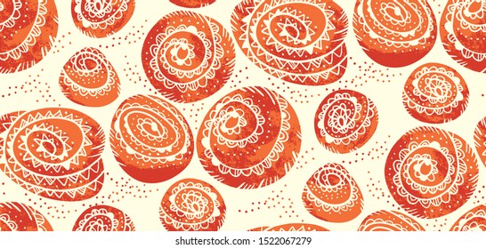 Cute cosy cinnamon bun seamless pattern for background, wrap, fabric, textile, wrap, surface, web and print design. Colorful red and orange folk style hand drawn winter bakery.
