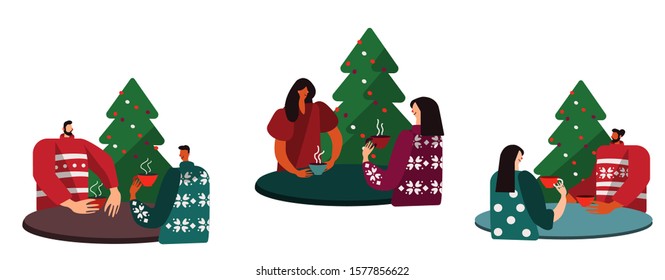 Cute cosy illustration of cafe or coffee shop decorated with Christmas and New Year trees. Couples of straight and lgbtq and queer boy friends and girl friends and family drinking hot tea and cacao