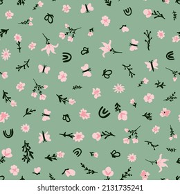 Cute cottage core doodled seamless repeat pattern. Random placed, vector flowers with leaves, butterflies, branches and rainbows all over surface print on pastel green background.