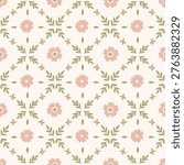 Cute cottage core shabby chic seamless pattern background with leaves, lines and flowers for textile, fabric, stationery