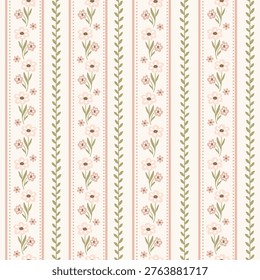 Cute cottage core shabby chic seamless pattern background with stripes, lines and flowers for textile, fabric, stationery