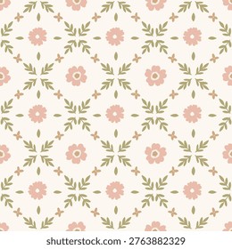 Cute cottage core shabby chic seamless pattern background with leaves, lines and flowers for textile, fabric, stationery