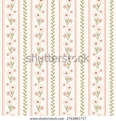Cute cottage core shabby chic seamless pattern background with stripes, lines and flowers for textile, fabric, stationery