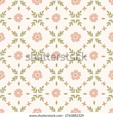 Cute cottage core shabby chic seamless pattern background with leaves, lines and flowers for textile, fabric, stationery