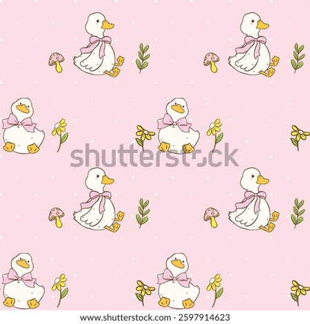 Cute Cottage Core Spring Seamless Pattern White Duck with Pink Bow Girly Cartoon wallpaper