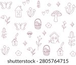 Cute Cottage core Vector Illustration Set with Hand Drawn Mushroom House Butterfly and Flower Doodle Elements
