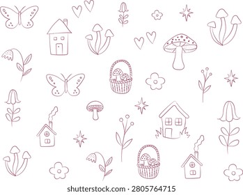 Cute Cottage core Vector Illustration Set with Hand Drawn Mushroom House Butterfly and Flower Doodle Elements
