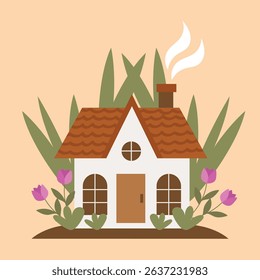 Cute Cottage House with Flowers and Grass.Vector Illustration