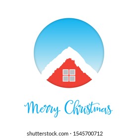 Cute cottage house on white falling snow vector illustration with merry christmas text