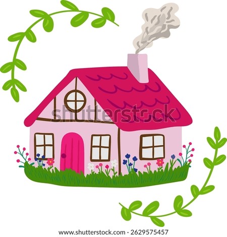 cute cottage house vector illustration pink building, flowers, green vines, home retro decor fabric design kids room art, postcards