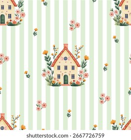 Lindo patrón sin fisuras Cottage con flores y rayas - ilustración de acuarela
