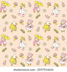 Cute Cottage Spring Seamless Pattern White Duck Girly farmhouse Cartoon wallpaper
