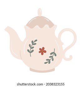 Cute Cottage Style Ceramic Teapot With Branches And Flower Decor. Vintage Porcelain Kettle For Tea. English Tableware. Hand Drawn Vector Illustration.