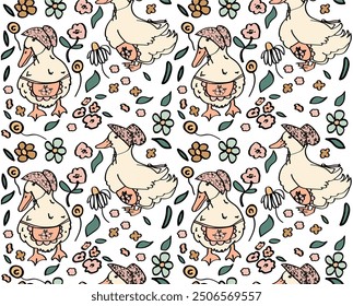 Cute cottagecore ducks and floral seamless pattern.	