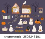 Cute cottagecore Halloween vector set. Hand drawn vintage ghosts, autumn houses with pumpkins, garden well, drying sheets, spooky trees, toadstool mushrooms, grave, road. Scary holiday scene creator