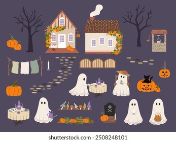 Cute cottagecore Halloween vector set. Hand drawn vintage ghosts, autumn houses with pumpkins, garden well, drying sheets, spooky trees, toadstool mushrooms, grave, road. Scary holiday scene creator