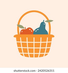 Cute cottagecore illustration with basket with apple and pear. Farm life. Village aesthetic. Cartoon clip art in flat design. Objects for picnic, eating on outdoor.