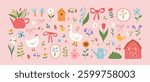 Cute cottagecore illustrations. Hand drawn flowers, bows, barn, goose, chicken,butterfly, garden tools, birdhouse. Gardening and country lifestyle. Spring summer stickers. Vector flat illustration.