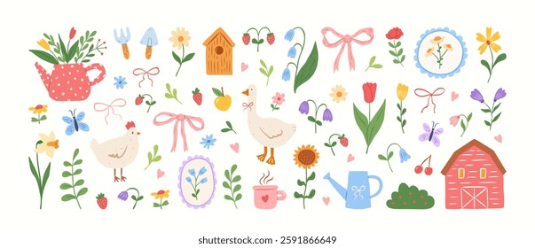 Cute cottagecore illustrations. Hand drawn flowers, bows, barn, goose, chicken,butterfly, garden tools, birdhouse. Gardening and country lifestyle. Spring summer stickers. Vector flat illustration.