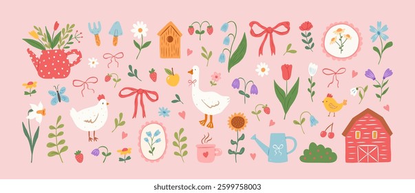 Cute cottagecore illustrations. Hand drawn flowers, bows, barn, goose, chicken,butterfly, garden tools, birdhouse. Gardening and country lifestyle. Spring summer stickers. Vector flat illustration.