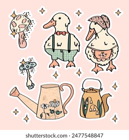 Cute cottagecore planner stickers collection with ducks and mushrooms.