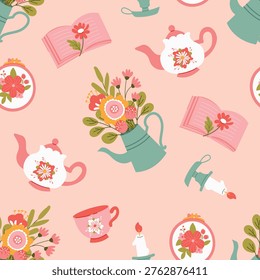 Cute Cottagecore Seamless Pattern Geese Books Cozy Country Style for Fabric Wrapping Paper Wallpaper
