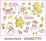 Cute Cottagecore Spring White Call Duck Cartoon Farm Animal Collection Hand Drawn Quirky Kid Design