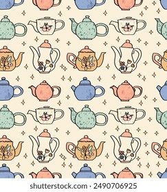 Cute cottagecore teapot seamless pattern.