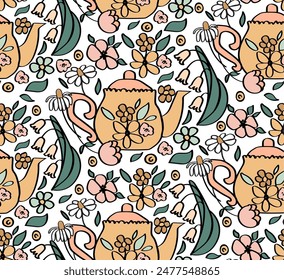 Cute cottagecore teapot and wildflowers seamless pattern.